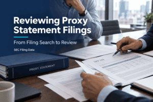 Analysts reviewing DEF 14A proxy statement documents at a meeting table