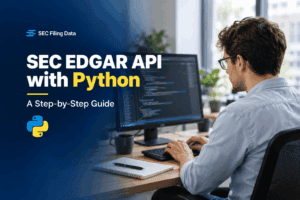 Python connected to an API with SEC filing data tiles for 10-K, 10-Q, and JSON.