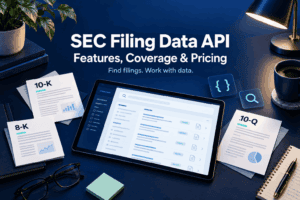 SEC Filing Data API illustration featuring filing search, financial documents, and data tools.
