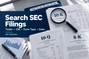 A magnifying glass rests on a 10-K document next to 10-Q and 8-K filings and a bar chart, with the text &ldquo;Search SEC Filings&rdquo; overlaid to represent an EDGAR Query API interface.